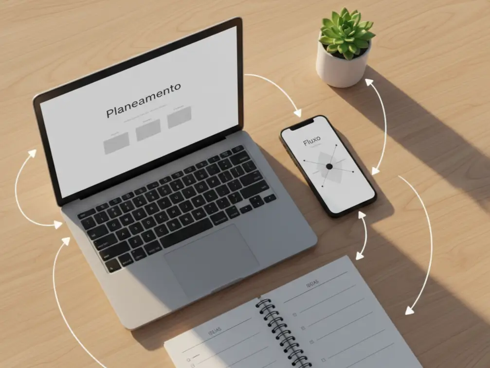 Vista superior de ambiente de trabalho organizado com portátil, smartphone e caderno integrados