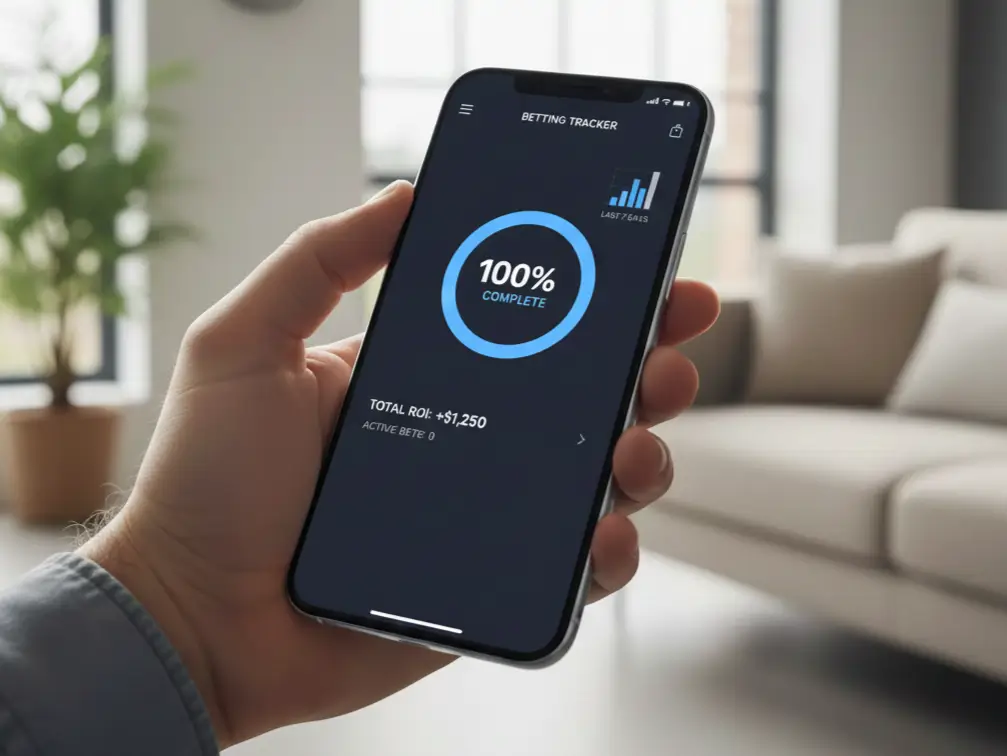 Mão a segurar smartphone com aplicação de tracking de apostas desportivas