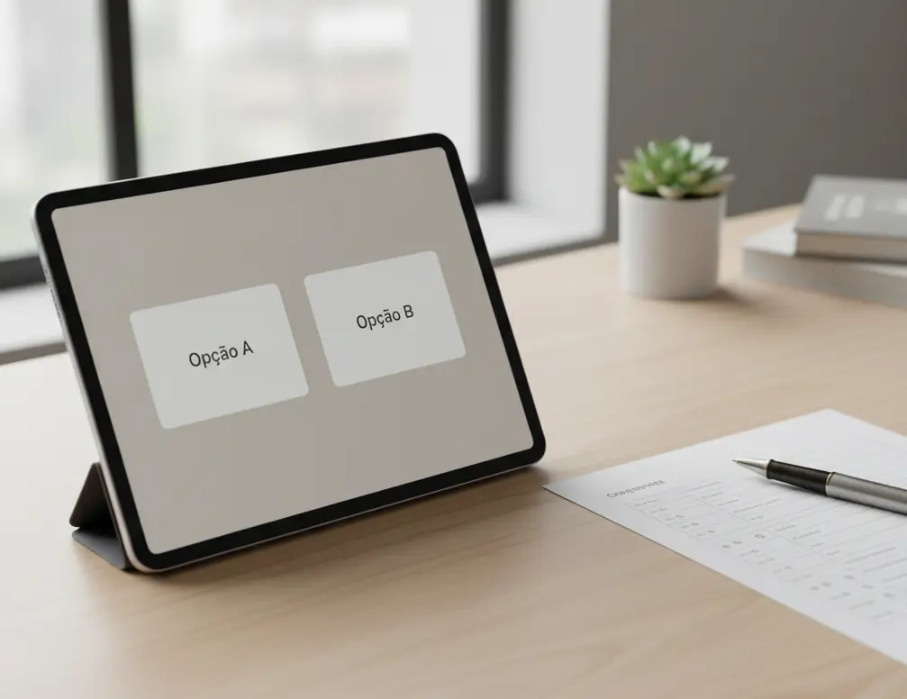 Tablet com interface de calculadora e tabela de conversão de odds em papel